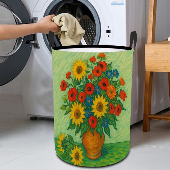 Van Gogh Floral Laundry Basket: Foldable Clothes Hamper with Sunflower Art