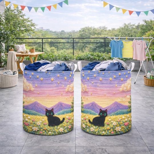 Discover Faux Yarn Style Laundry Basket Black Cat Meadow Landscape Art Woven Look Fabric Hamper Cozy Nature Home Decor Storage Basket