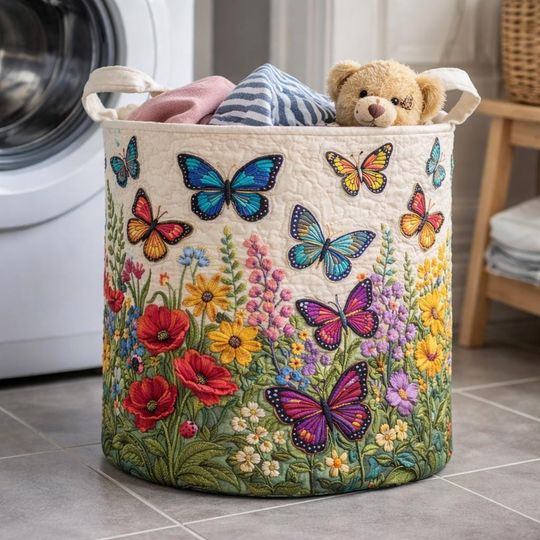 Discover Butterfly Garden Quilted Laundry Basket, Floral Fabric Hamper, Colorful Wildflower Storage Bin, Nursery Toy Basket Gift