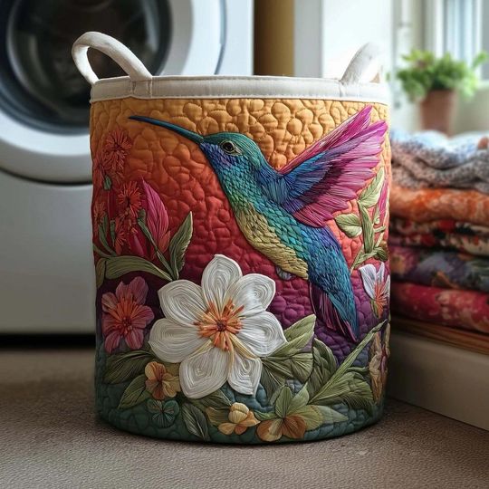 Discover Hummingbird Charm Quilted Laundry Basket, Floral Bird Hamper, New Home Gift, Decorative Storage Bin, Quilted Fabric Laundry Room Decor