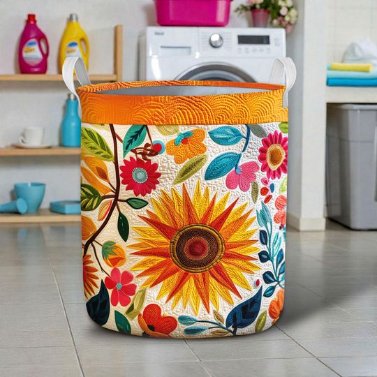 Sunflower Laundry Basket, Colorful Floral Laundry Bin, Farmhouse Home Decor, Floral Sunflower Laundry Bin for Bathroom or Bedroom