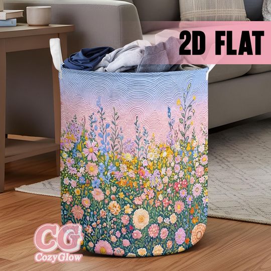 Colorful Floral Laundry Basket, Foldable Fabric Laundry Hamper with Handles, Wildflower Meadow Quilt Decor, Gift for Mom