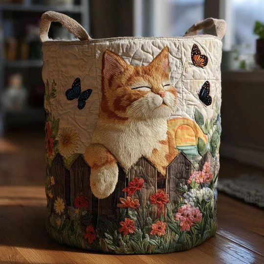 Cozy Ginger Cat Quilted Laundry Basket, Floral Butterfly Fabric Hamper, Cottagecore Boho Home Decor, Family Laundry Basket, Gift For Mom