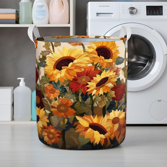 Sunflower Laundry Basket, Colorful Floral Fabric Storage Hamper, Farmhouse Sunflower Laundry Bin for Bathroom or Bedroom, Sunflower Lover