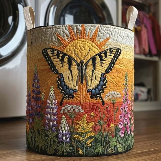 Butterfly Heaven Quilted Laundry Basket, Sunset Wildflower Dirty Clothes Hamper, Cottagecore Storage Bin Gift For Butterfly Lovers