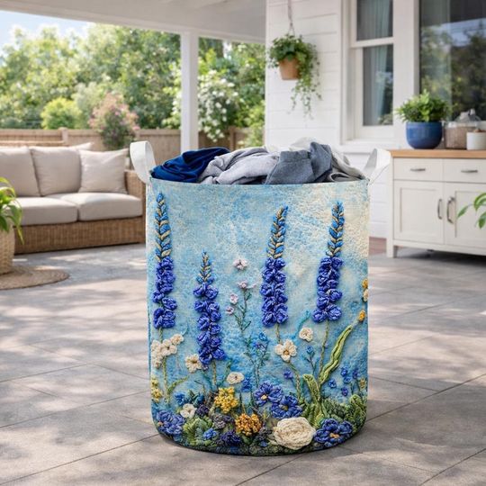 Bluebonnet Wildflower Laundry Basket, Faux Yarn Floral Texture Laundry Hamper, Soft Meadow Style Laundry Bin, Family Everyday Laundry Basket
