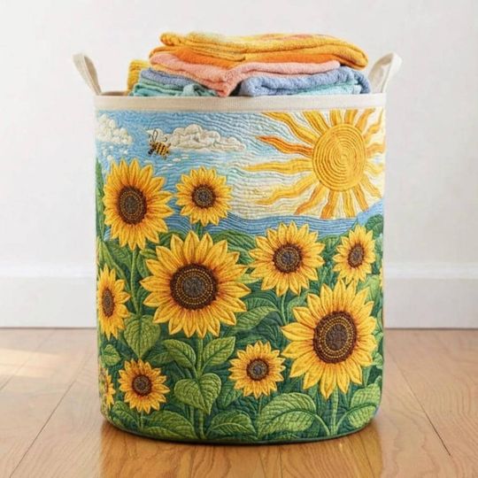 Discover Sunflower Quilted Laundry Basket, Floral Farmhouse Hamper With Teddy Bear, Bright Yellow Flower Storage Bin, Gift For Mom New Home