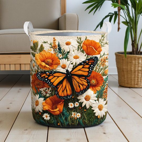Discover Floral Poppy Flower Butterfly Laundry Basket, Monarch Butterfly Fabric Hamper, Nature Style Home Storage Decor