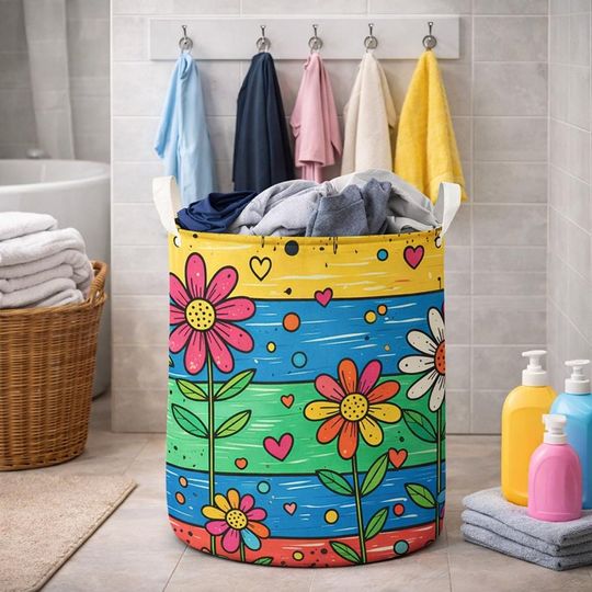 Discover Laundry Basket with Colorful Floral Illustration, Large Fabric Laundry Hamper for Kids and Family, Reusable Storage Basket for Clothes