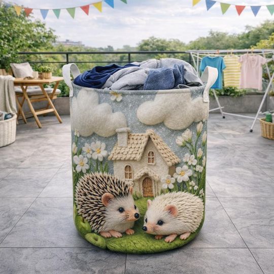 Faux Yarn Style Laundry Basket Cute Hedgehog Cottage Garden Art Woven Look Fabric Hamper Cozy Nature Home Decor Storage Basket Gift
