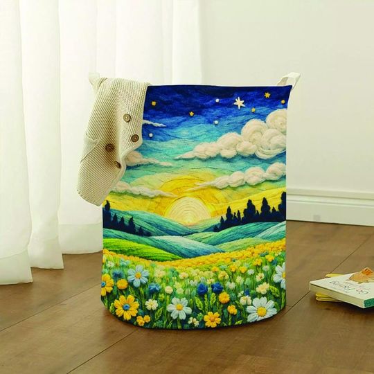 Faux Yarn Style Laundry Basket Meadow Sunrise Landscape Art Woven Look Fabric Hamper Cottagecore Nature Home Decor Storage Basket