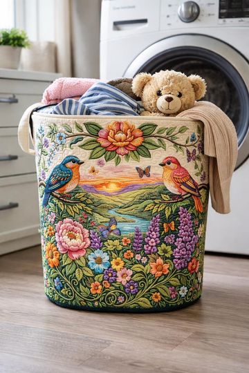 Bird Floral Quilted Laundry Basket, Vintage Embroidered Fabric Hamper, Cottagecore Storage Bin, New Home Gift For Mom