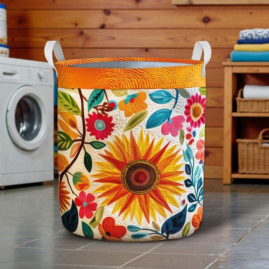 Discover Farmhouse Sunflower Laundry Basket, Floral Fabric Hamper with Handles, Sunflower Decorative Home Storage Bin, Sunflower Lover Gift