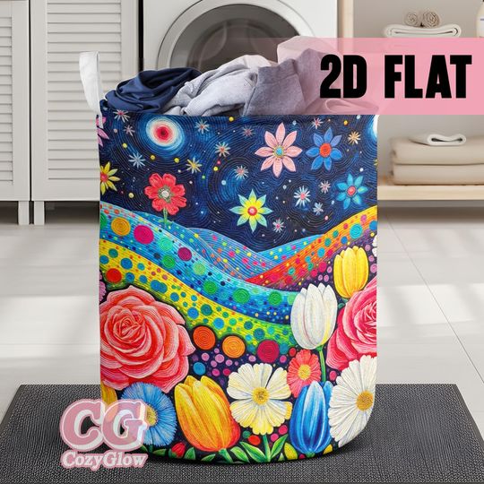 Discover Colorful Floral Laundry Basket, Foldable Fabric Laundry Hamper with Handles, Quilted Flower Home Decor Storage Bin, Mothers Day Gift