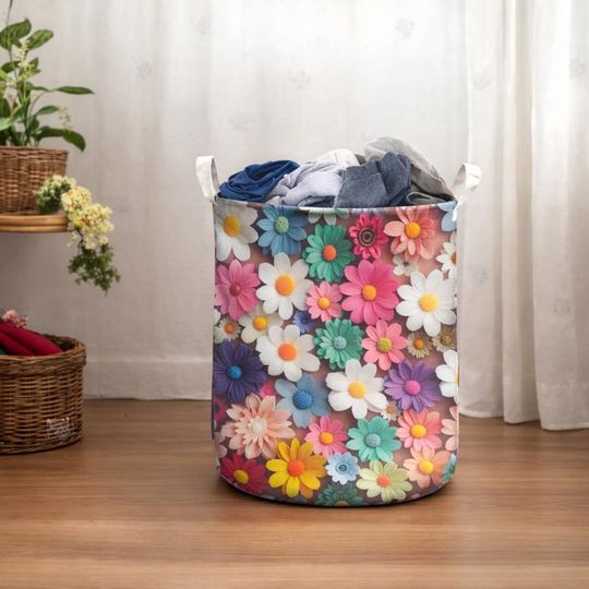 Colorful Floral Laundry Basket, Bright Flower Pattern Hamper, Boho Decorative Storage Basket for Bathroom Bedroom Laundry Room