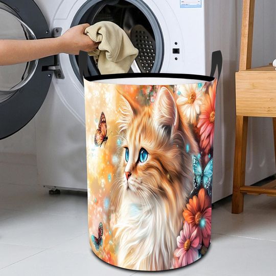 Discover Cute Cat Laundry Basket with Butterflies and Flowers, Foldable Round Hamper for Bedroom Nursery Dorm, Fabric Storage Bin