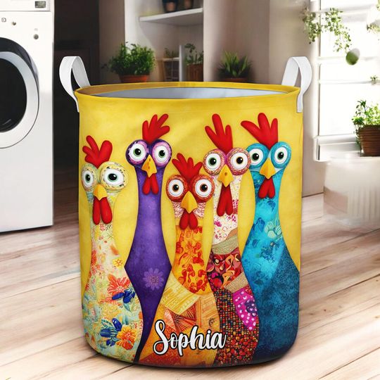 Custom Funny Chicken Laundry Basket with Name, Colorful Farm Rooster Fabric Hamper, Rustic Farmhouse Laundry Room Decor, Chicken Lover Gift
