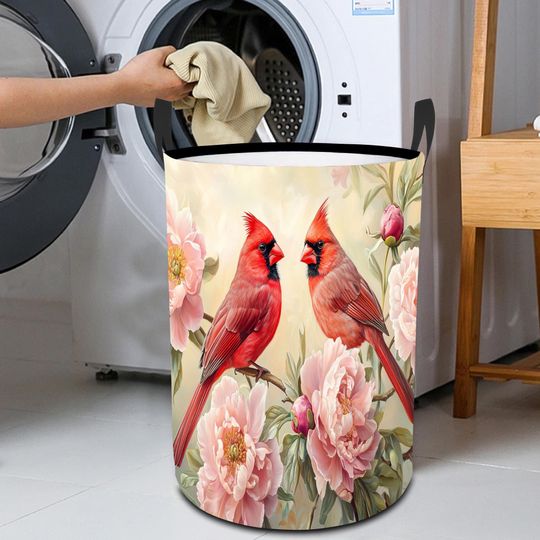 Cardinal Laundry Basket  Floral Collapsible Hamper with Handles, Fabric Bin, Foldable Clothes Organizer with Peony Bird Print