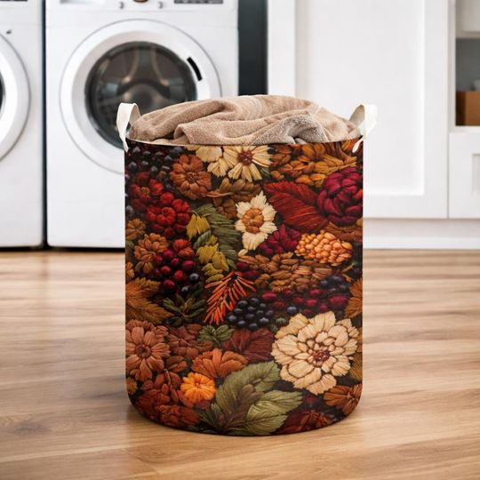 Autumn Floral Laundry Basket, Warm Earth Tone Flower Hamper, Cozy Decorative Storage Basket for Bathroom Bedroom Laundry Room