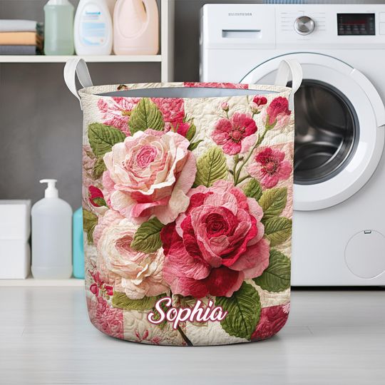 Personalized Rose Floral Laundry Basket, Vintage Pink Flower Fabric Hamper, Custom Rose Floral Laundry Bin, Cottagecore Rose Home Decor