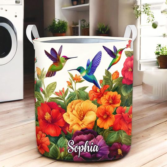 Personalized Laundry Hamper with Name, Vibrant Floral Hummingbird Storage Basket, Bedroom Bathroom Decor, Hummingbird Lover Gift For Mom