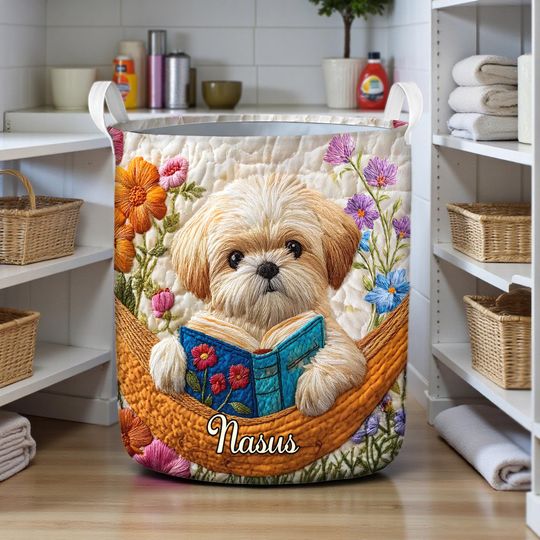 Custom Shih Tzu & Book Laundry Basket, Dog Reading Book Storage Hamper, Book Lover Home Decor, Book Lover Gift, Bookish Gift, Bookworm Gift