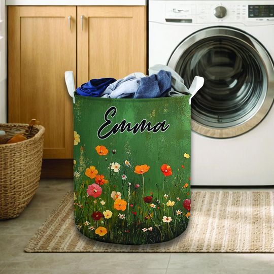Floral Laundry Basket, Custom Name Laundry Hamper, Wildflower Laundry Basket Decor, Aesthetic Home Organizer, Cottagecore Room Decor