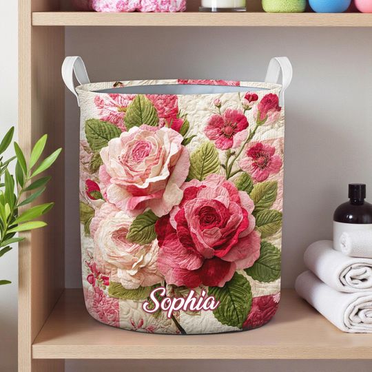 Custom Rose Floral Laundry Basket, Vintage Roses Flower Fabric Hamper, Personalized Rose Flower Laundry Bin, Cottagecore Rose Bedroom Decor