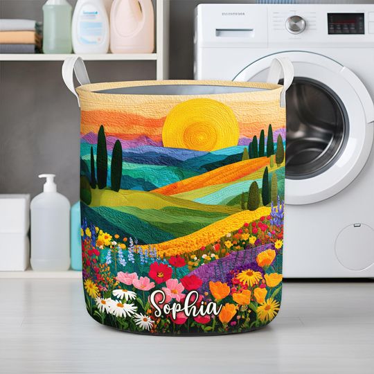 Personalized Sunset Colorful Wildflowers Landscape Art Laundry Basket, Floral Meadow Storage Hamper, Nature Home Decor Gift