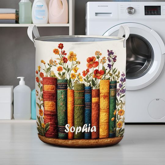Vintage Floral Book Laundry Basket, Cottagecore Storage Hamper, Book Lover Home Decor, Fabric Organizer Bin, Bookish Basket. Bookworm Gift