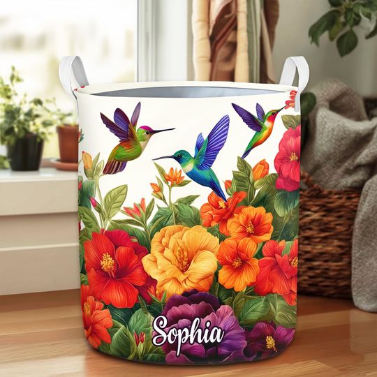 Personalized Floral Laundry Basket, Hummingbird Flower Hamper, Custom Name Storage Bin, Bathroom Decor, Hummingbird Lover Gift For Women