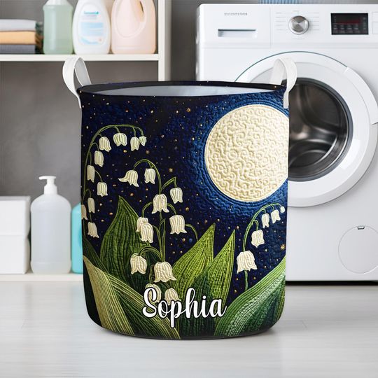 Lily of the Valley Laundry Basket, Green Floral And Moon Basket Hamper, Lily of The Valley Style Laundry Bin, Flower Bathroom Laundry Decor