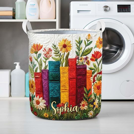 Personalized Book Lover Laundry Basket, Floral Books Fabric Hamper, Custom Reading Theme Laundry Bin Home Decor, Book Floral Basket Gift