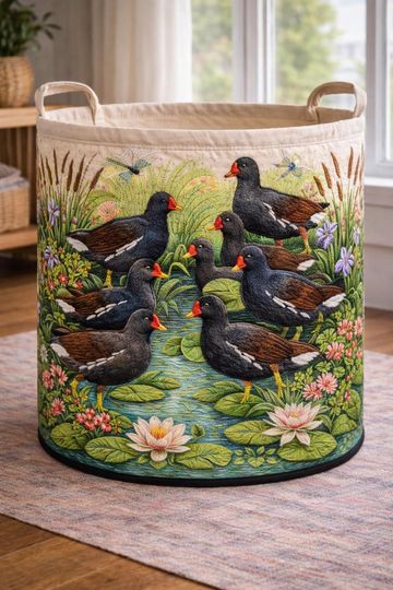 Moorhen Pond Quilted Laundry Basket, Water Lily Bird Hamper, Nature Wildlife Fabric Storage Bin, Cottagecore Home Decor Gift