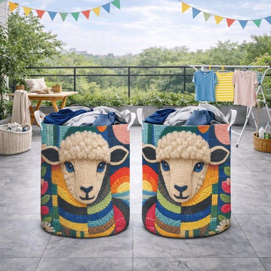 Faux Yarn Style Laundry Basket Colorful Sheep Portrait Art Woven Look Fabric Hamper Cottagecore Farm Nature Home Decor Storage Basket