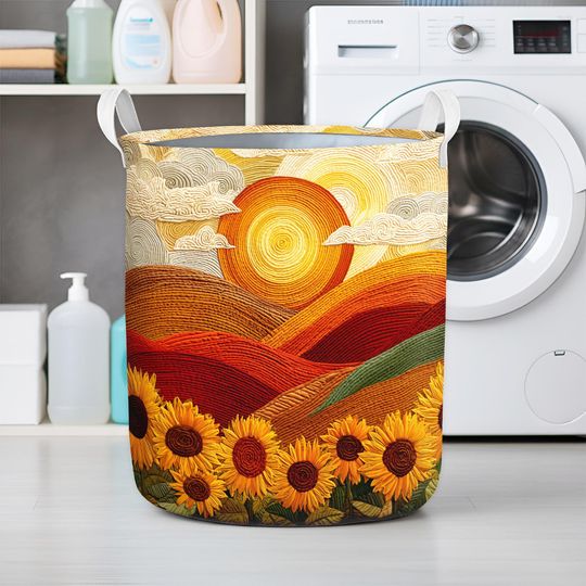 Sunset Sunflower Garden And Mountains Art Laundry Basket, Sunflower Field Storage Hamper, Artistic Fabric Laundry Organizer