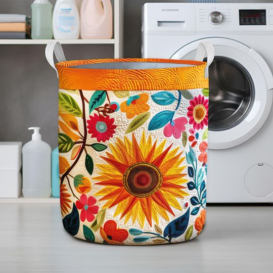 Discover Sunflower Laundry Basket, Colorful Floral Fabric Storage Hamper, Farmhouse Sunflower Laundry Bin for Bathroom or Bedroom, Sunflower Lover