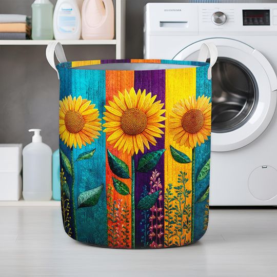 Sunflower Laundry Basket, Colorful Floral Laundry Hamper with Handles, Artistic Sunflower Storage Bin, Farmhouse Home Decor Organizer