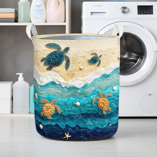 Sea Turtle Laundry Basket, Ocean Theme Laundry Hamper with Handles, Coastal Beach Storage Bin, Nautical Bathroom & Home Organizer