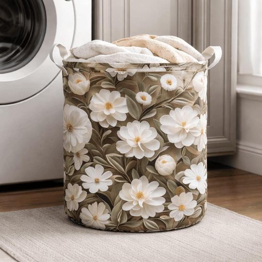 White Floral Laundry Basket, Elegant Neutral Hamper, Minimalist Flower Art Storage Basket for Bathroom Bedroom Laundry Room