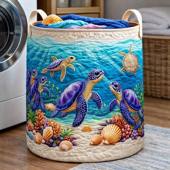 Sea Turtle Laundry Hamper, Coastal Quilted-Effect Storage Bin