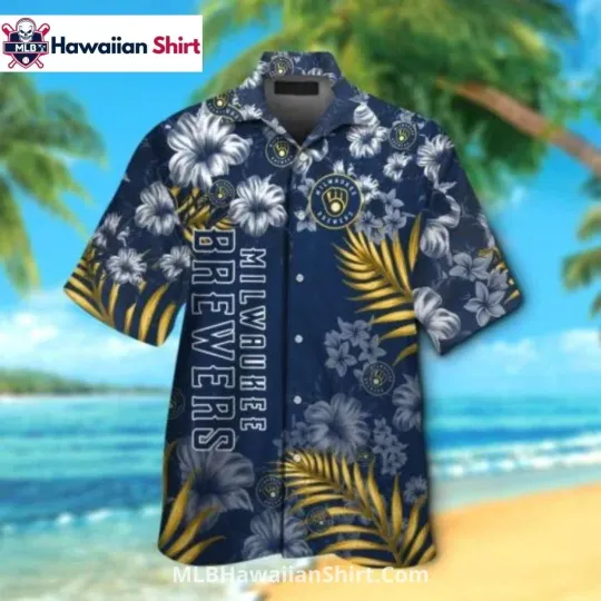 Tropical Floral Milwaukee Baseball Team Brewerss Aloha Shirt Navy Gold