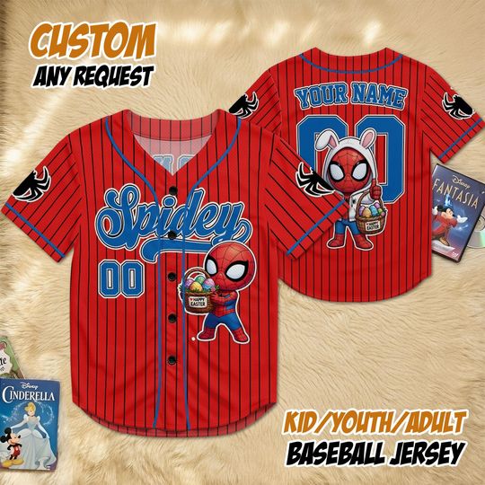 Discover Personalized Spidey Cartoon Baseball Jersey for Kids and Adults, Custom Name Superhero Shirt, Easter Gift Idea