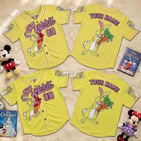 Discover Personalized Rabbit Baseball Jersey, Winnie Bear Cartoon Shirt, Custom Name Number Family Matching Outfit