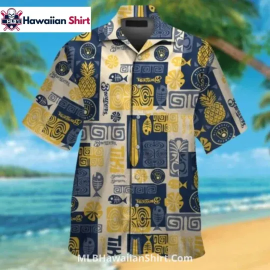 Tiki Patchwork Milwaukee Baseball Team Brewerss Aloha Shirt Tribal Look