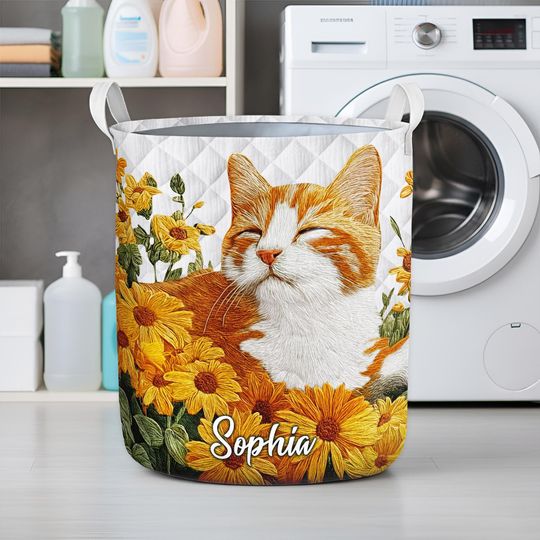 Custom Cute Kitten Laundry Basket, Floral Cat Decor Hamper, Kitty Laundry Bin, Cat Lover Bathroom & Laundry Decor, Flower Cat Basket Decor