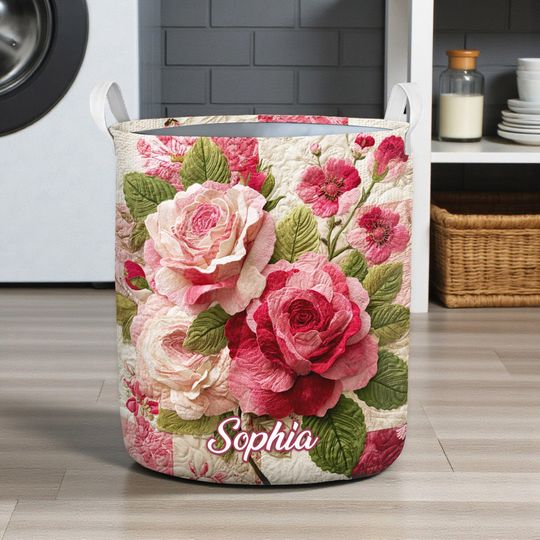 Personalized Vintage Rose Laundry Hamper, Floral Rose Art Laundry Basket, Custom Rose Flower Home Decor Gift, Rose Flowers Lover Gift