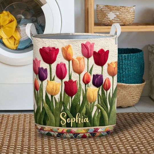 Personalized Tulip Floral Laundry Basket, Colorful Spring Flower Hamper, Custom Fabric Laundry Bin, Tulip Art Lover Home Decor