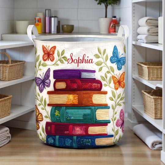 Personalized Book Lover Laundry Basket, Floral Butterfly Laundry Decor, Book Floral Laundry Bin, Reading Room Decor, Butterfly Book Basket