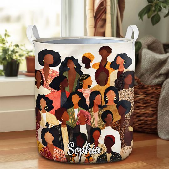 Black Women Laundry Hamper, African American Women Fabric Storage Basket, Black Queen Laundry Bin with Handles, Black Girl Magic Decor